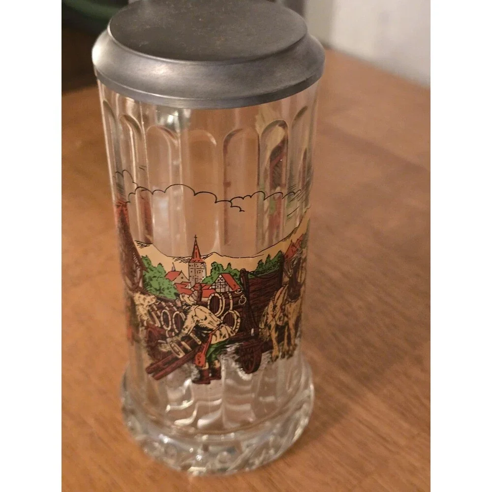 ​Vintage Rastal German Glass Beer Stein Pewter Lid Horse Drawn Carriage Village